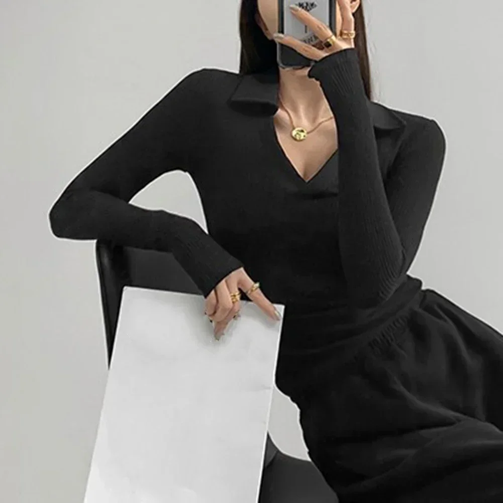 

Casual Base Top V-neck Women's Top Black Casual Solid Color Long Sleeve Slimshirt All Season Wear Solid Color Style