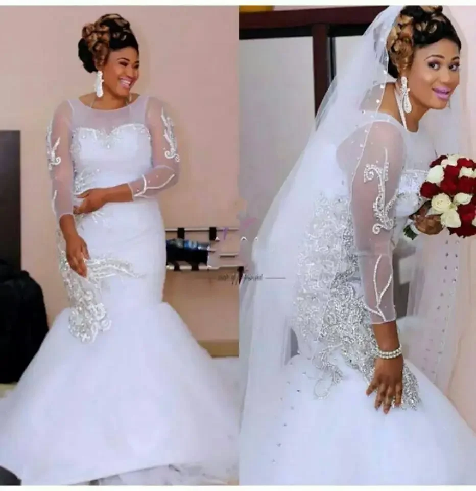 Customized Beaded Long Sleeve Mermaid African Wedding Lace Up Back Round Neck Tulle Bridal Gowns Custom Made Bride Dresses