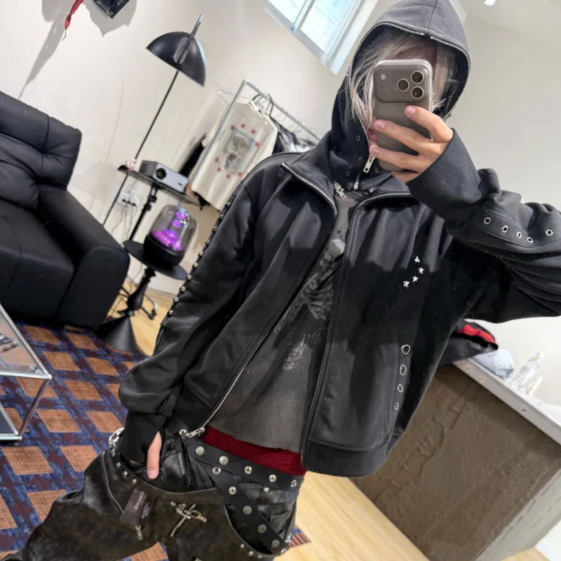 HKSH Spring Autumn Winter New Men Tide Chic Ins Dark Punk Detachable Hood Drawstring Washed Zipper Sweatshirt Y2K Hoodie HK28453