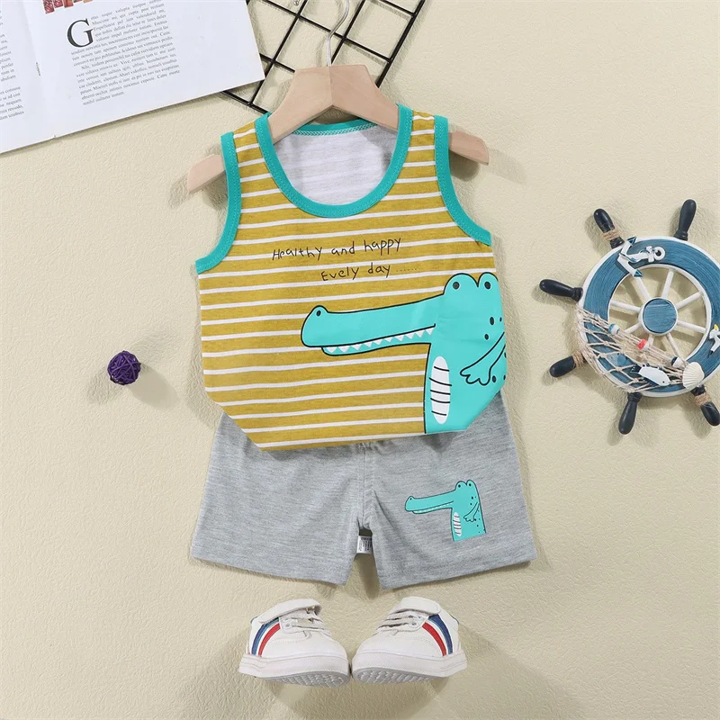 Vest+Shorts 2-Piece Clothing Set Cartoon Lion Pajamas Summer Kids Baby Boys Girls Cotton Casual Tracksuit Clothes Suit 1-6 Years