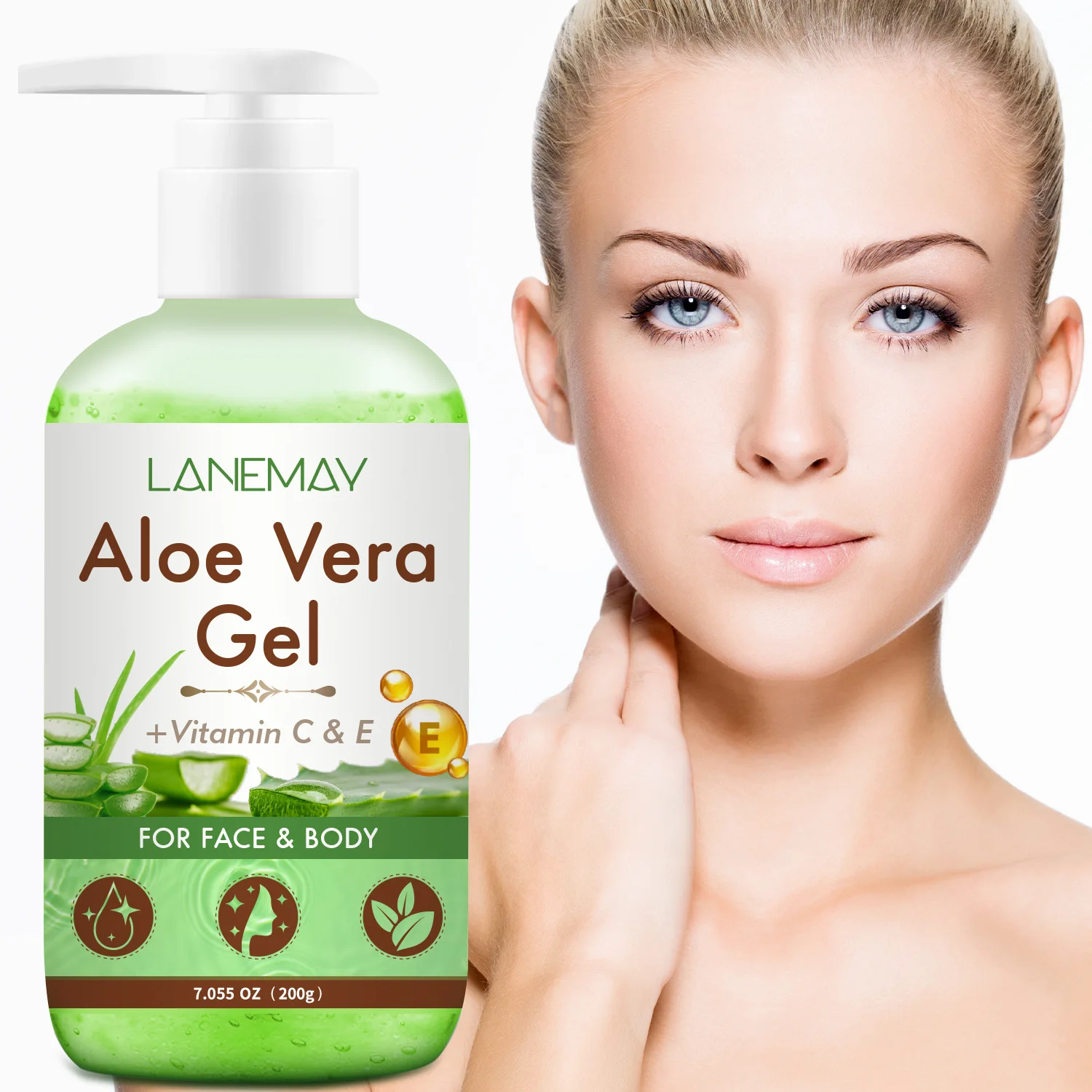 Aloe Vera Gel for Face & Body - Soothing Moisturizing Gel with Vitamin C & E, Hydrates & Cools Skin, Non-Sticky, 200g