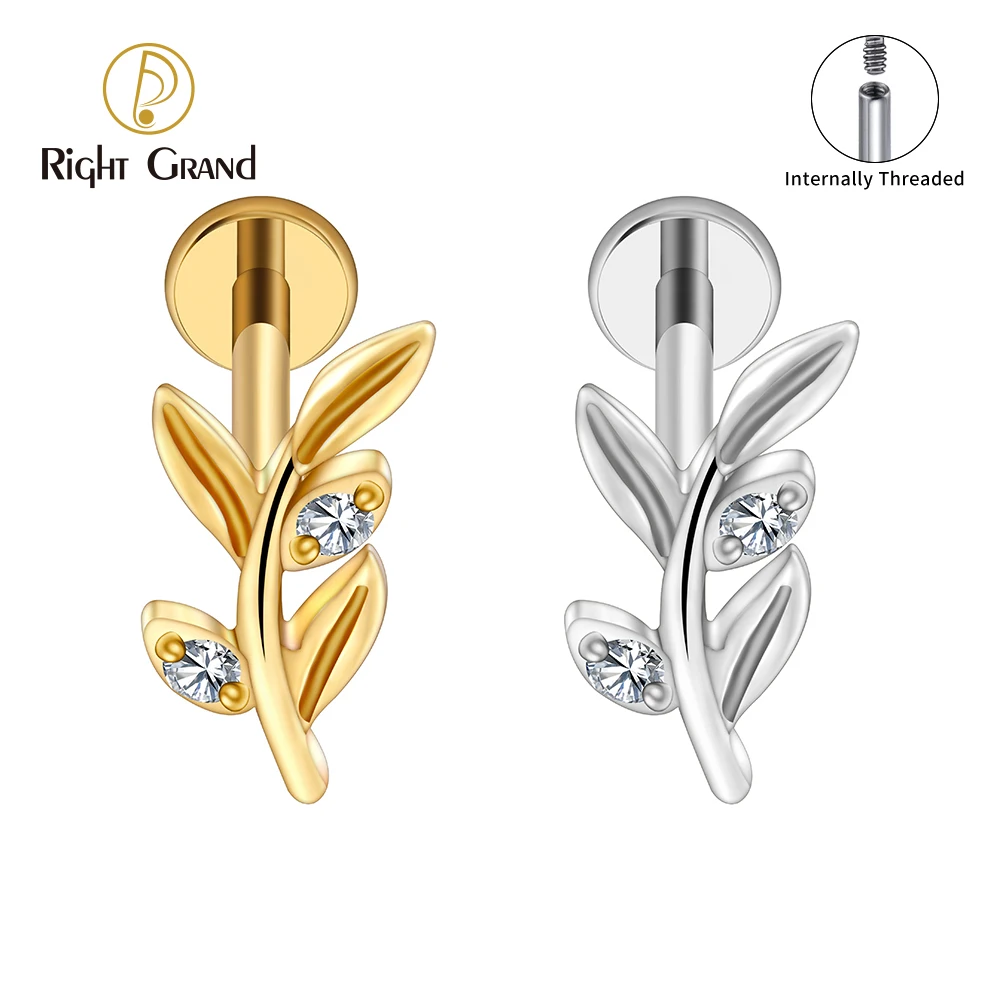 Right Grand ASTM F136 Titanium 16G Mini Olive Leaf Branch Stud Earring Cartilage Helix Tragus Conch Snug Labret Stud Piercing