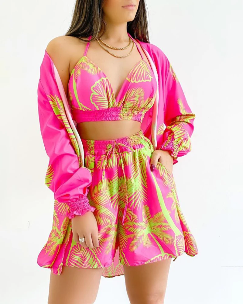 

Tropical Print Cold Shoulder Spaghetti Strap Shirt and Shorts Set with Tank