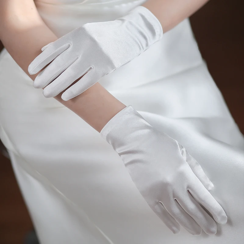 Women Elegant Elastic Satin White Black Short Wrist Gloves Solid Color Bridal Wedding Dress Banquet Party Etiquette Accessories