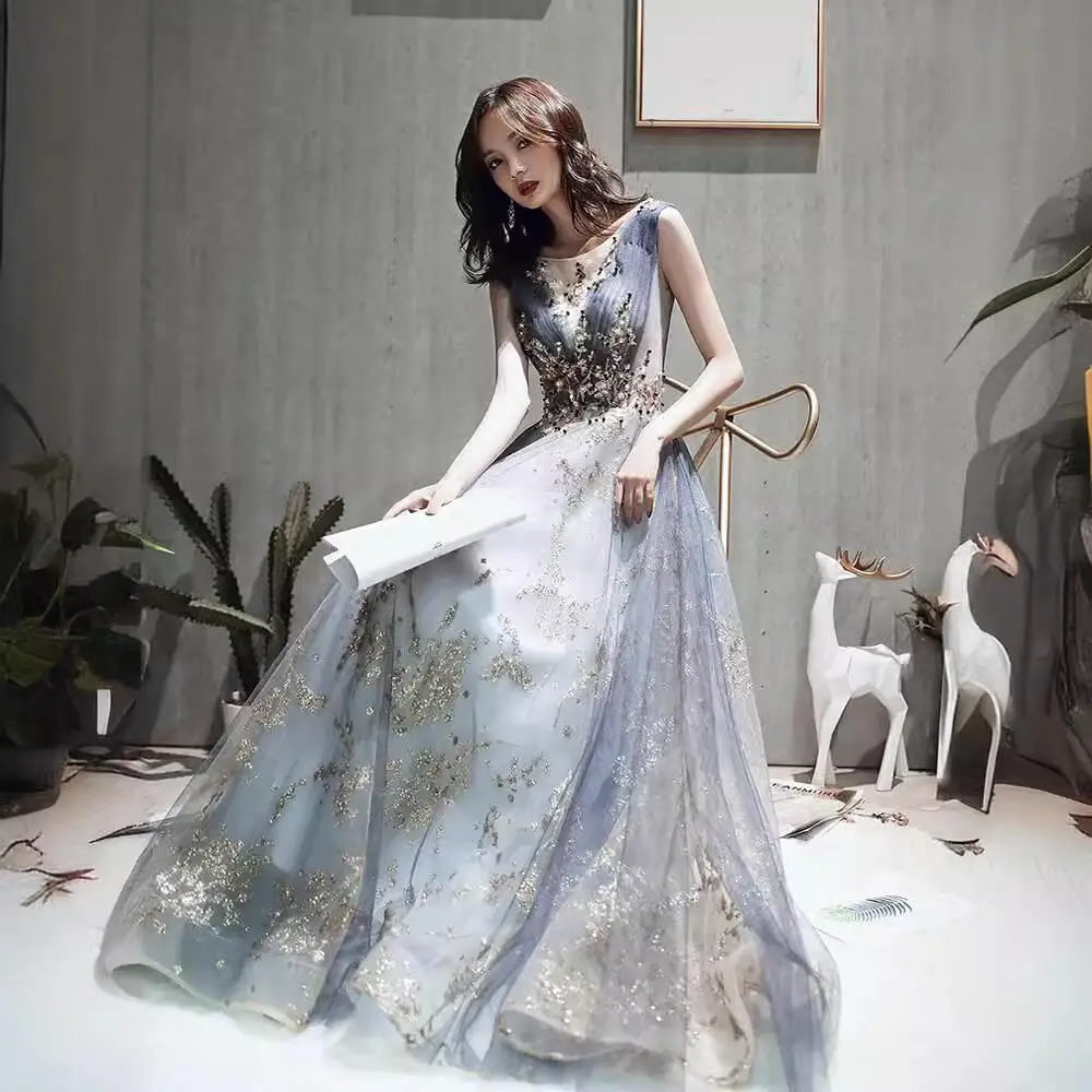 Women's Elegant Dusty Blue Formal Dress Gold Floral Appliqued Floor-Length Gown Vestidos