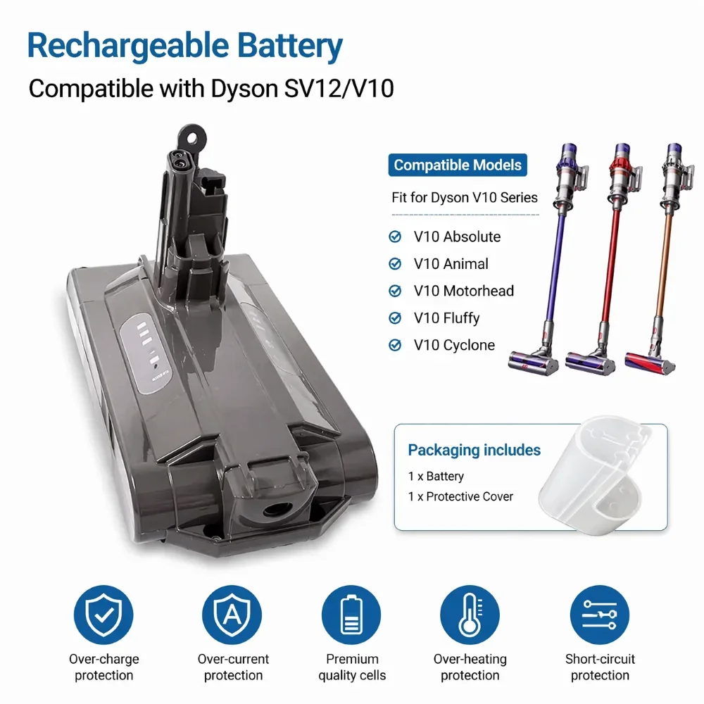 Rechargeable Li-ion Vacuum Battery 25.2V Multiple Capacities Optional Replacement Battery for Dyson V10 SV12SeriesCordlessVacuum