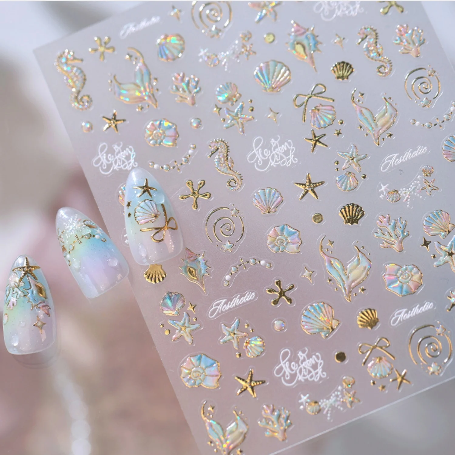 Bridal Seaside 5D Nagelkunst-Aufkleber Gold Seepferdchen Muschel Seestern Schnecke Perle Schleife Schriftzug Selbstklebende Dekorationen