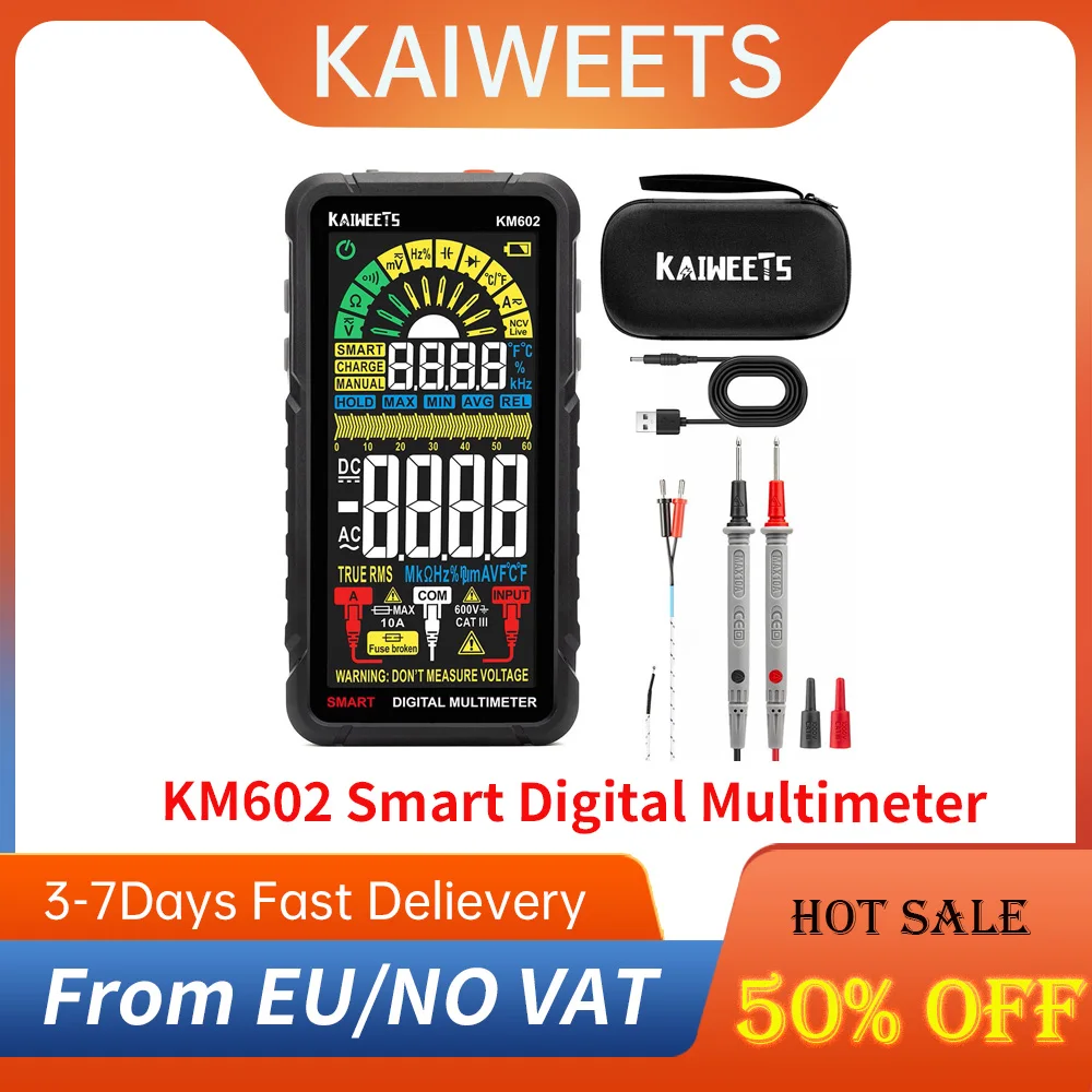 KAIWEETS KM602 Smart Digital Multimeter, 6000 Counts True-RMS Meter, 1200mAh Rechargeable Battery - Black