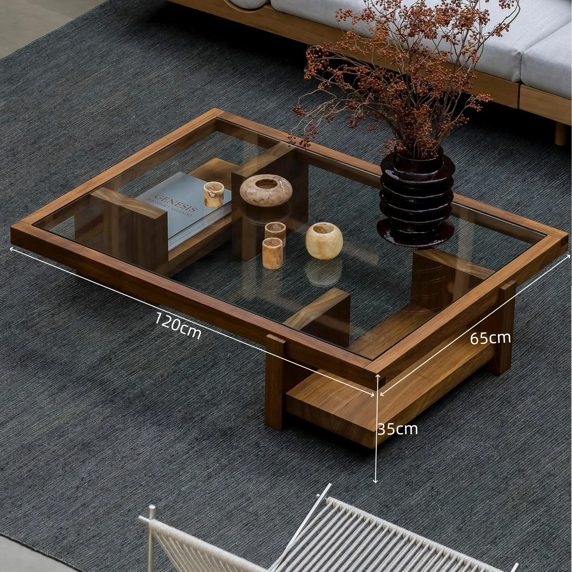 Minimalist solid wood high-end light luxury glass coffee table, living room, household medieval small tea table, Japanese-style