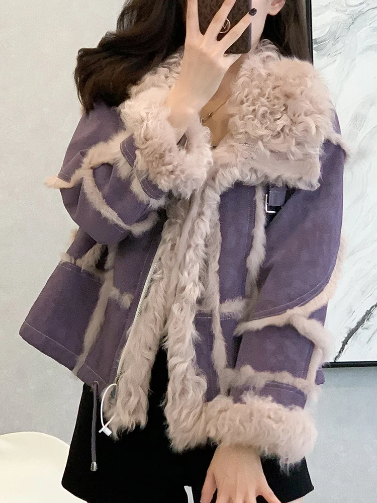 Trend Purple Short Fur Jacket Women Thick Winter Warm Line Zipper Heavy Industry Overcoat Female 2024 New Fashion Bomber Coat