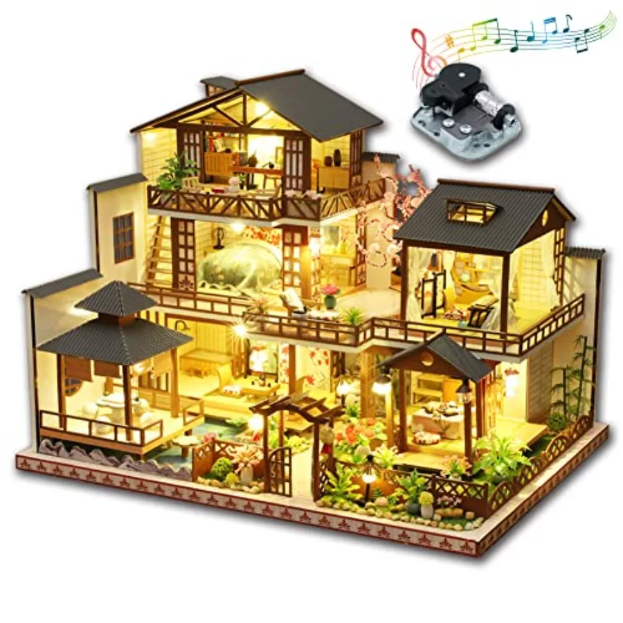 

DIY Miniature Dollhouse Kit with Furniture and LED Lights, Japanese Wooden Dollhouse Includes Dustcover and Music Box, Collectib