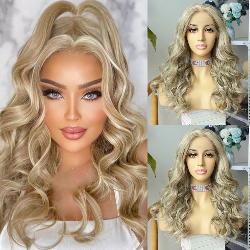 Honey Blonde Colored Synthetic Lace Front Wig Brown Yellow Highlight 13x3 HD Transparent Lace Frontal Wig Body Wave Cosplay Wig