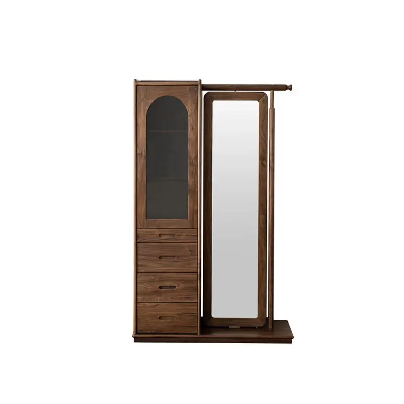 

North American black walnut solid wood rotating coat rack storage cabinet with rotating mirror