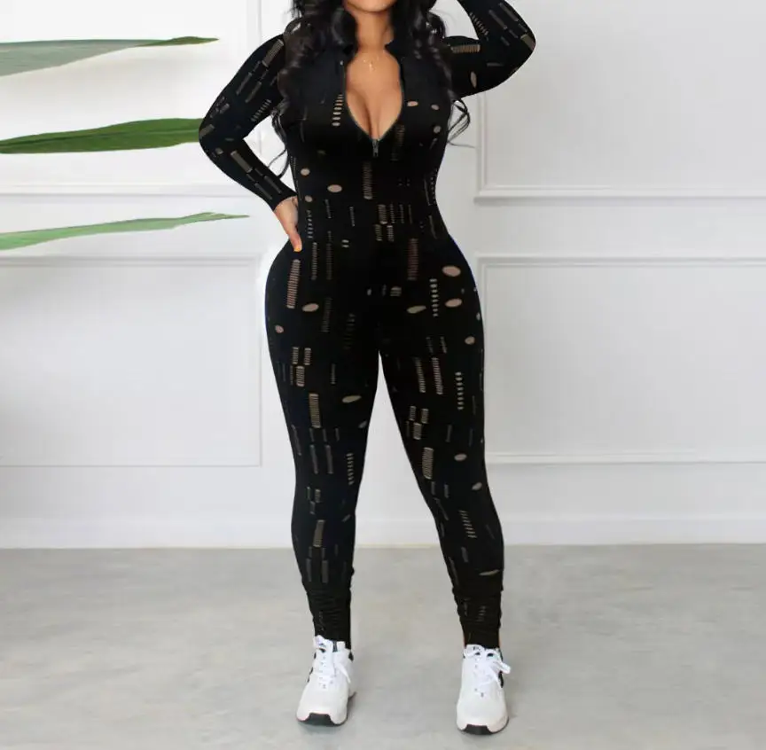 

Sexy Solid Hollow Out Sheer Mesh Workout Women's Jumpsuit Long Sleeve Skinny Fashion Streetwear Club Outfits Clothes Romper 2025