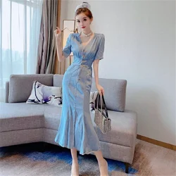 Spring Women Temperament Online Dress Trend New Design Sense V-neck Split Denim Skirt Female Fishtail Fashion Personality Dress