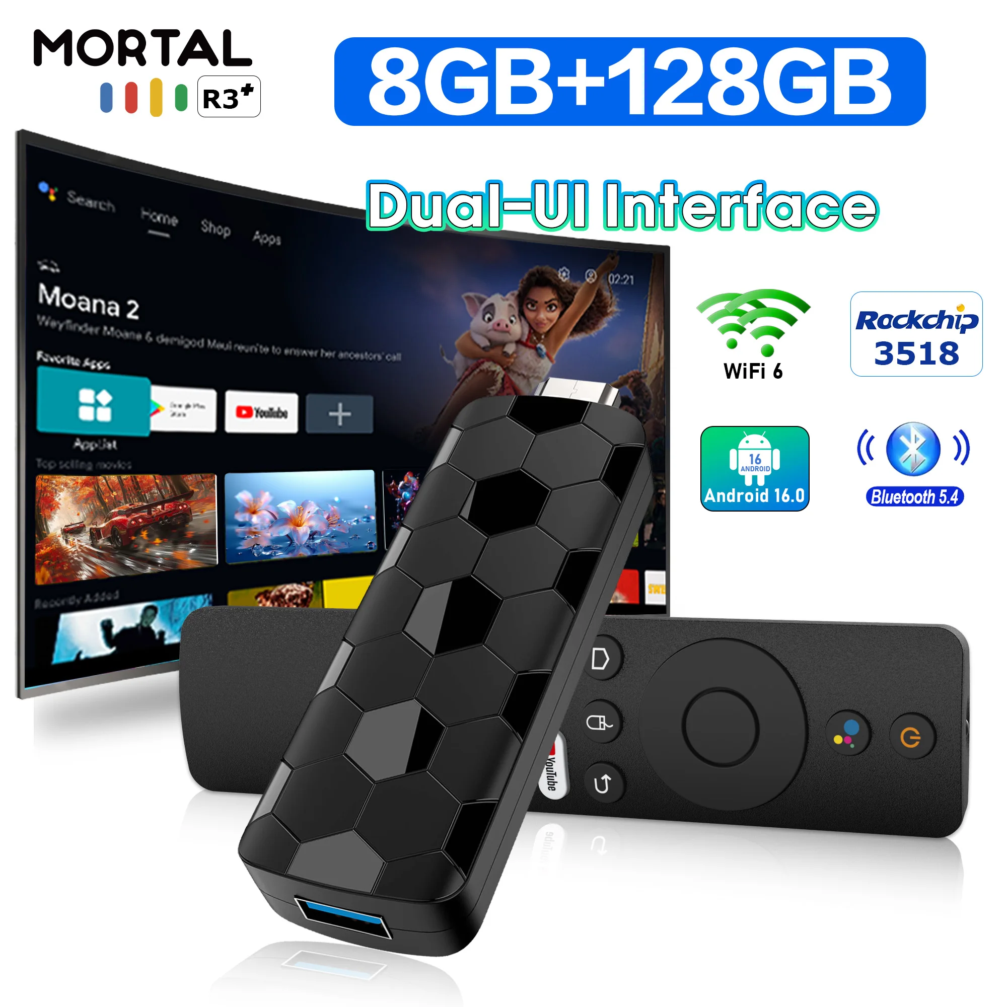 Clé TV Android 16, système Google, télécommande vocale, Wi-Fi 2,4 GHz et 5 GHz, 6 Go, 8 Go, 128 Go, R3+, lecteur multimédia sans fil 4K HDR, lecteur home cinéma
