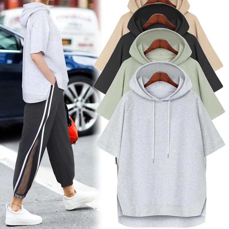 

Summer new plus size casual hooded sweater 8XL 7XL 6XL fashion ladies solid color simple short sleeve Joker hooded sweater.