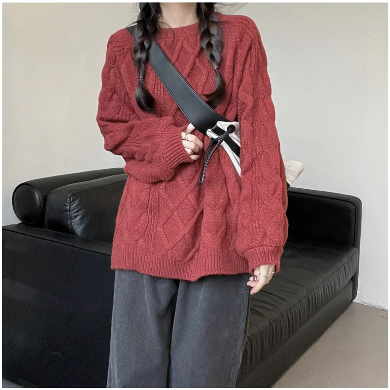 

Women's Fashion New Style Easy Thickening Coarse Wool Medium and Long Term Red Hemp Flower Sweater Versatile Temperament Blouse