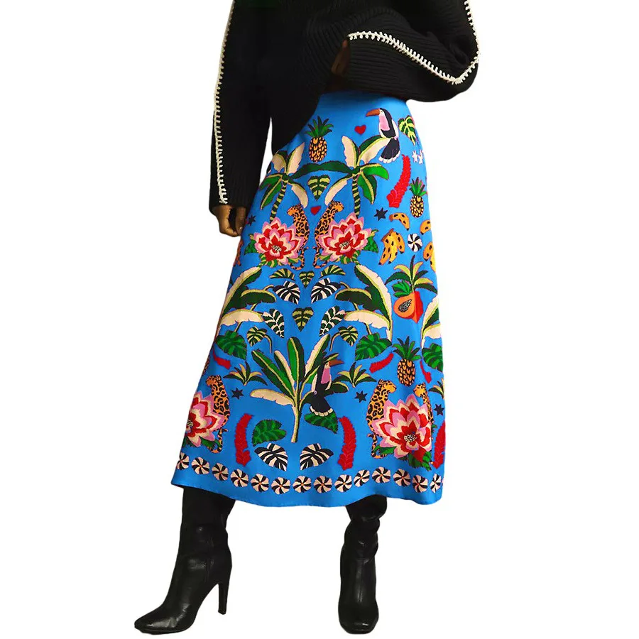 Fashion Vintage Tropical Plant Print Print Skirt Women Spring Summer New Color A-line Skirts Fresh Sweet Lady Commuting Clothing
