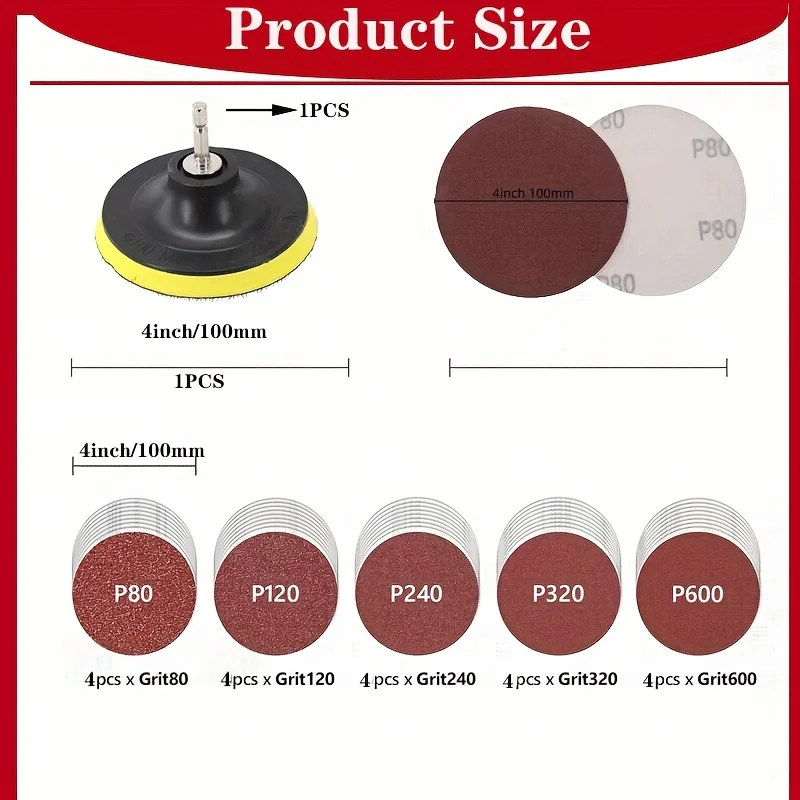 Juego de papel de lija de 4 pulgadas, 22 piezas, incluye almohadilla de respaldo roscada M10 y varilla 80/120/240/600 #   Óxido de aluminio para pulido de automóviles de metal y madera