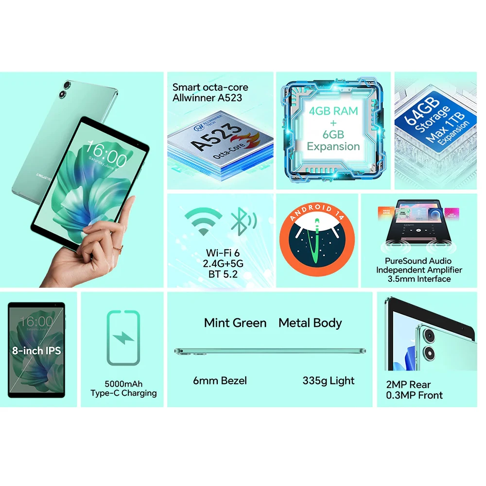 NUOVO Teclast P85T 2025 Tablet A523 8 core 1.8GHz/10GB(4GB+6GB) RAM/64GB ROM/8 pollici 800×1280iPS/WIFI5G/4G/5000mAh/Type-C