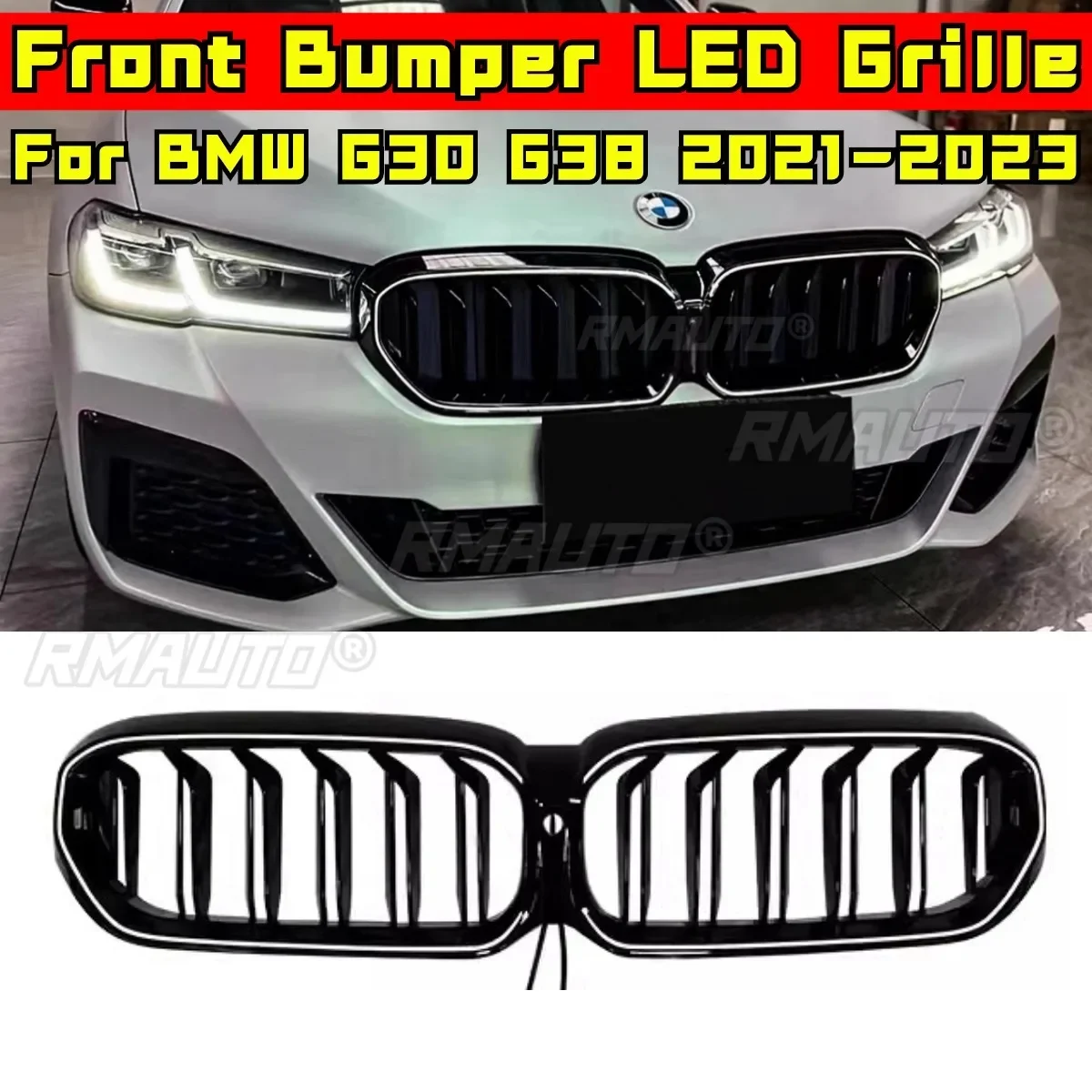 

For G30 LED Grill Car Front Bumper Racing Grille Body Kit Bumper LED Grill For BMW 5 Series G30 G38 2021-2023 Car Accessories
