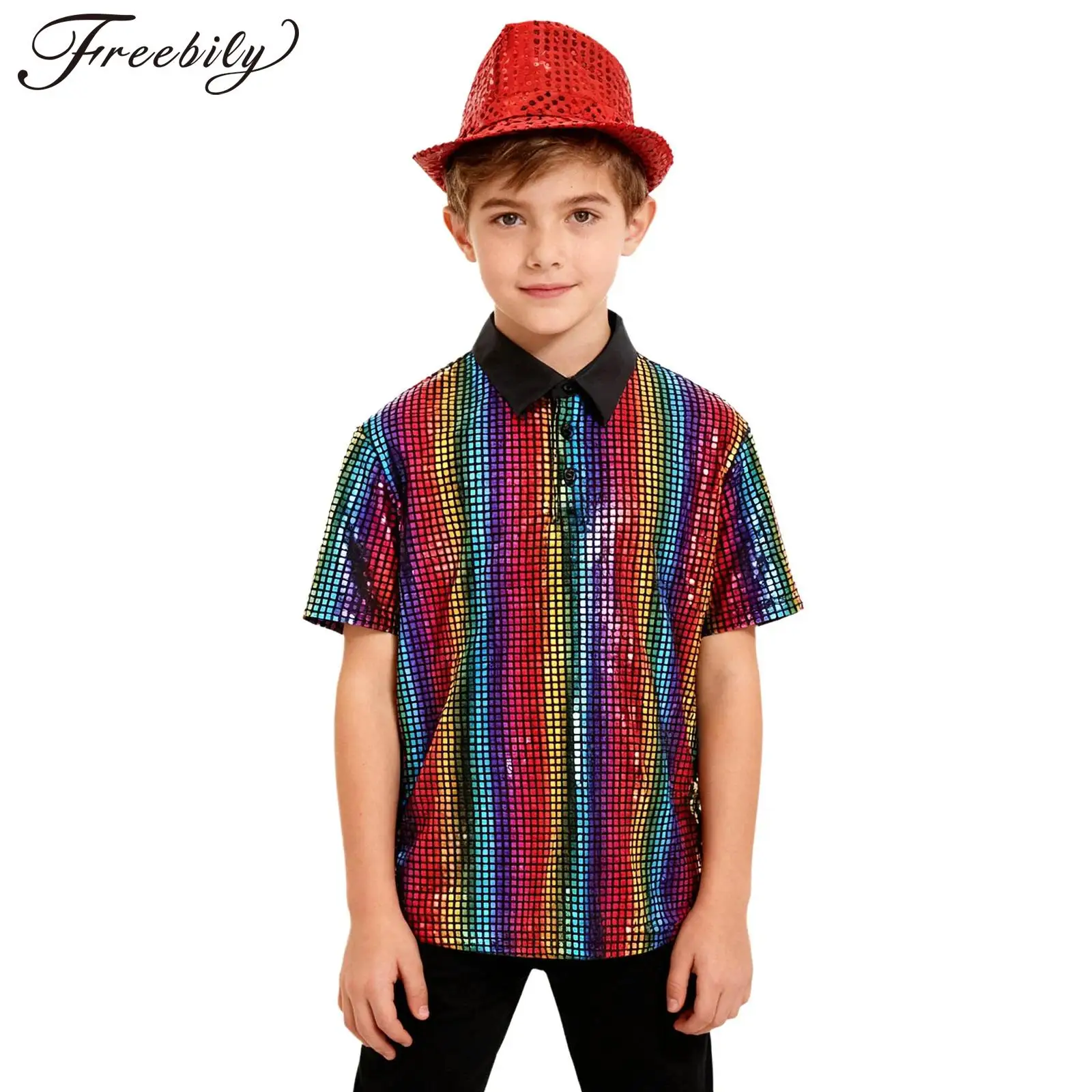 أطفال بنين بنات 70s 80s ديسكو زي الجاز الهيب هوب الرقص القمم لامعة التقزح اللوني الترتر تي شيرت وقبعة الشارع Dancewear