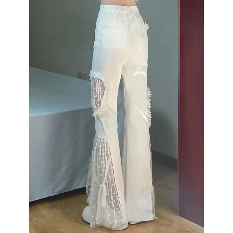 High Waisted Flared Casual Pants Women Spring Summer New Lace Hollow Out Design Wide Leg Pants