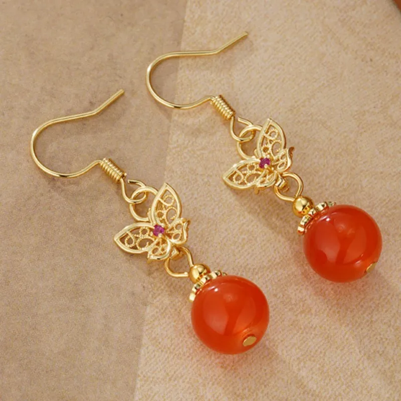 PANJBJ серьги-капли из стерлингового серебра 925 пробы с агатом Nanhong для женщин, золотая бабочка, ажурные этнические украшения, подарок, дропшиппинг