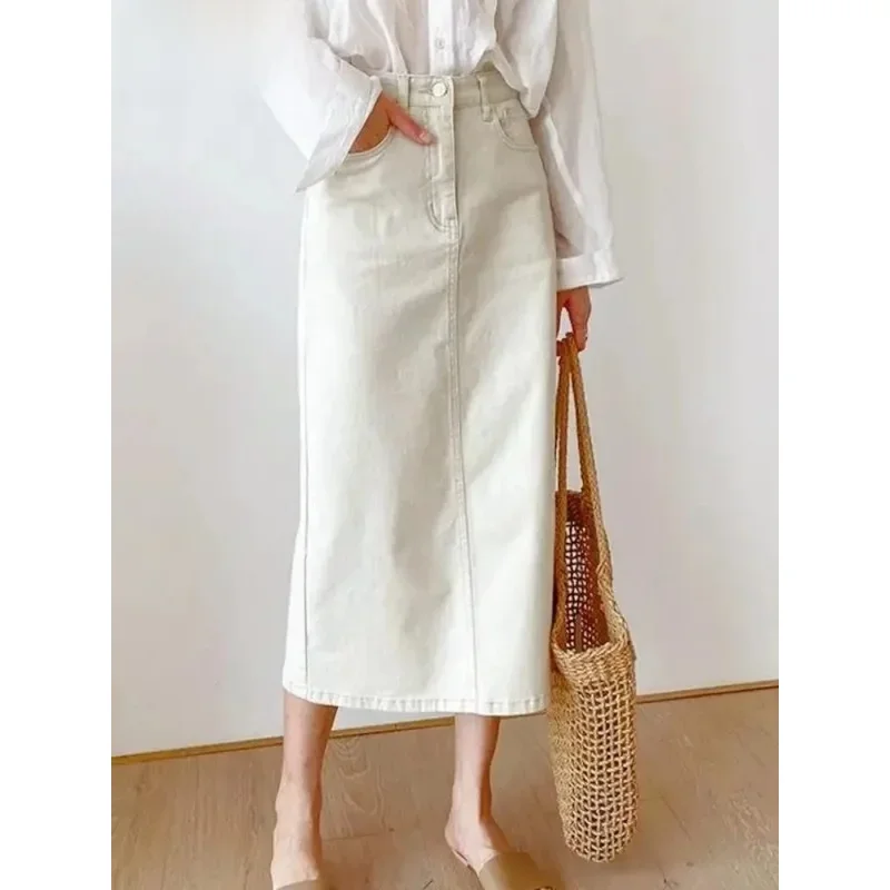 無地デニムロングスカート レディース ヴィンテージ カジュアル ハイウエスト スリット入り Aラインスカート 夏 2025 新作 シンプル Y2K スカート