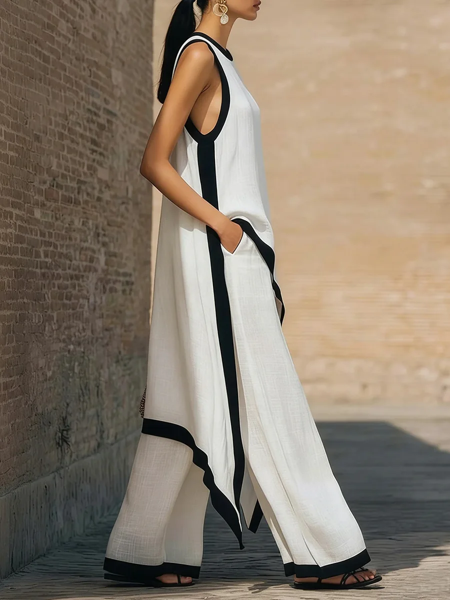 

Yeezzi 2026 New Women Casual Going Out 2 Piece Sets Contrast Color Sleeveless Asymmetric Hem Tops & High Waisted Palazzo Pants