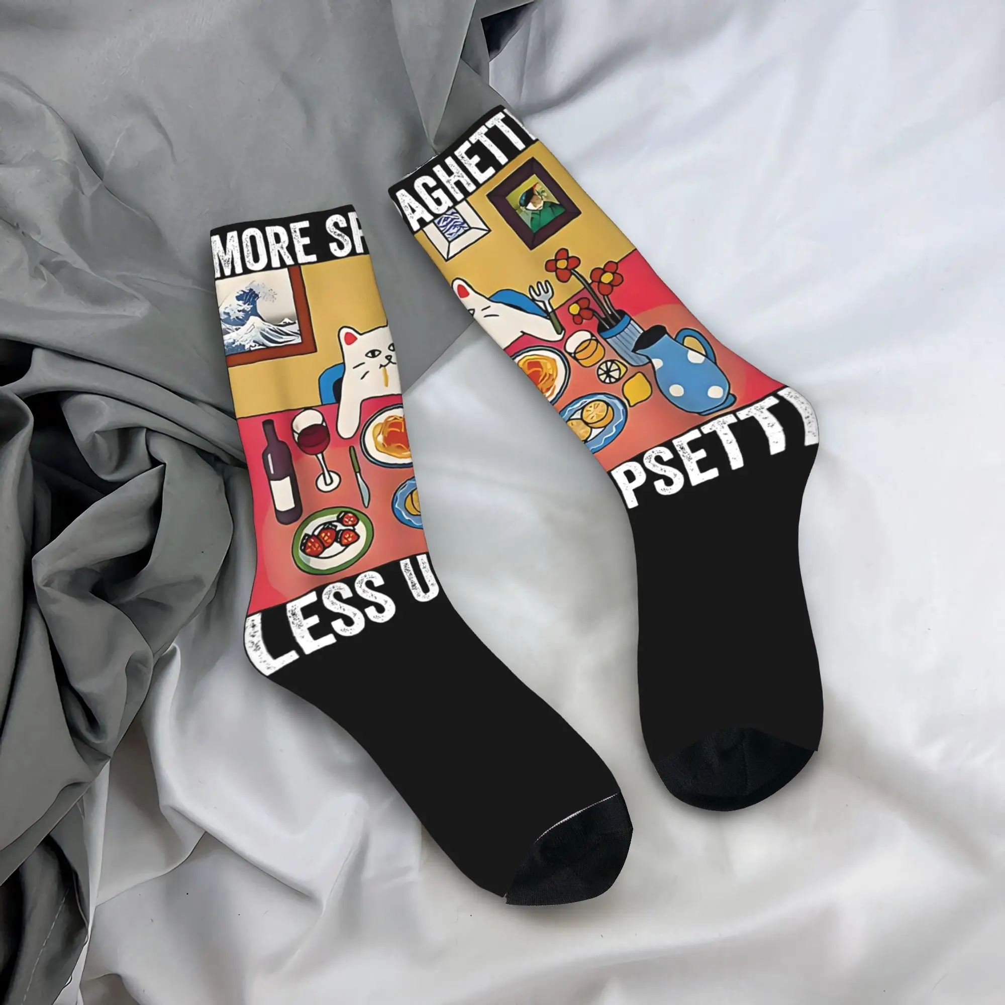 More Spaghetti Less Upsetti Cat Socks Merchandise For Men Women Funny Food Humor Pasta  Print Socks Cozy Birthday Present