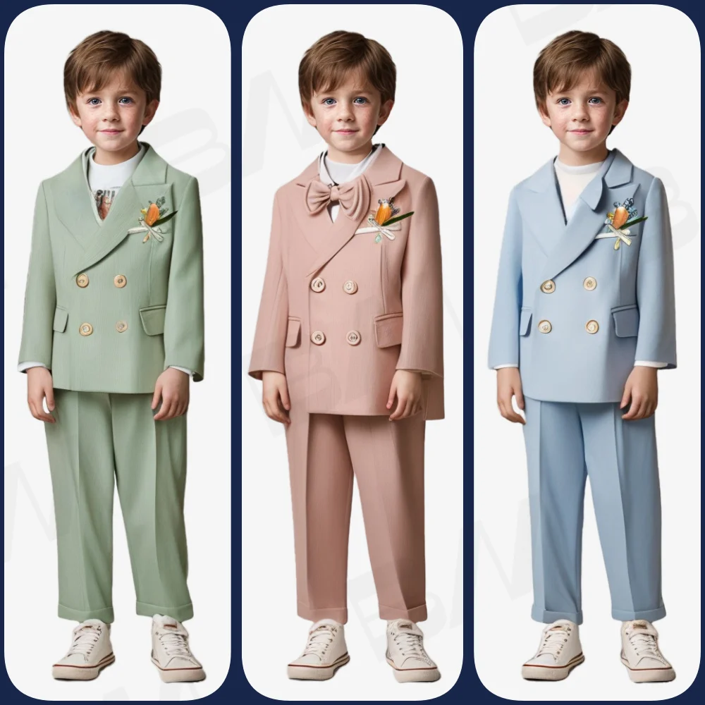 Fast Ship Solid Color Boys Suit Set Including Blazer Pants Tie Single Breasted Kids Tuxedo Set From 3 to 14 Years Outfit