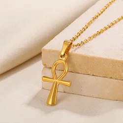 Religion Egyptian Ankh Crucifix Necklaces Gold Color Cross Charm Choker Stainless Steel Symbol of Life Jewelry Gifts Women Men