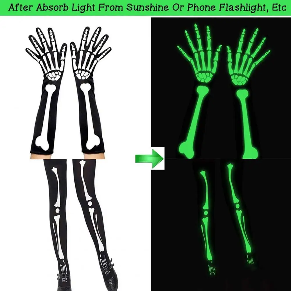 Unisex Halloween Ghost Gloves Skull Stockings 1 para Cosplay Halloween Skeleton Gloves Luminous Full Finger Long Gloves Socks