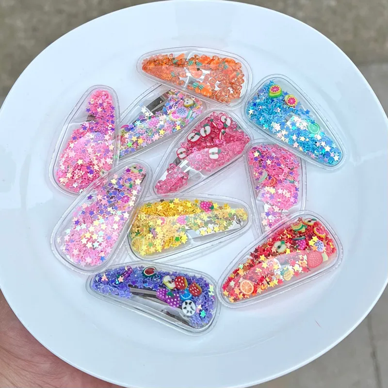 20Pcs/Lot Fashion Girls Hair Accessories Transparent PVC Sequin Hair Clip Fruits Jewelry Quicksand BB Hairpin Children Headdress