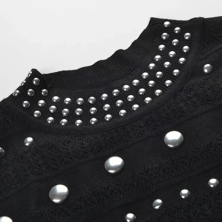 

European And American Design Knitted Dress Women'S Spring/Summer Round Neck Hot Bead Unique Slimming Long Style