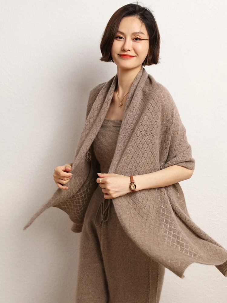 High-end 100% Cashmere Knitted Wraps For Women 2 Purposes Hollow Out Scarf Korea Fashion Pashmina Scarf Warm Soft Wollen Shawls