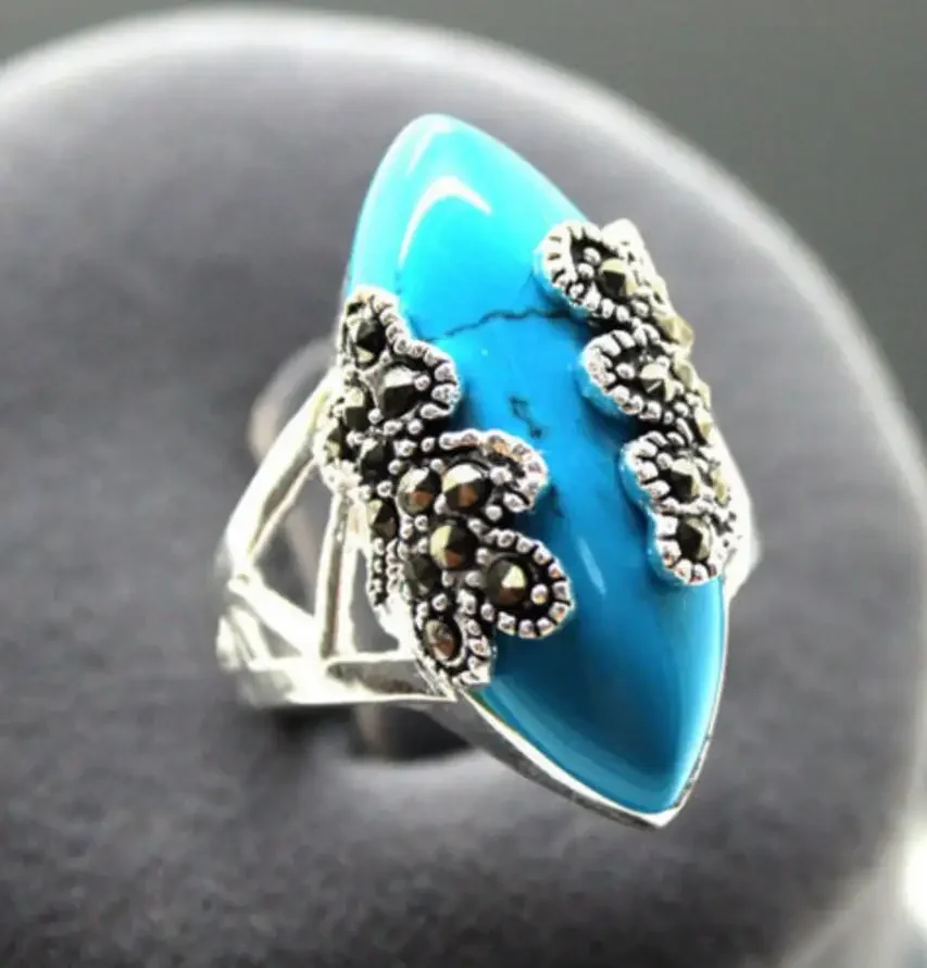 wholesale Rare Vintage Style Blue Natural jade & Marcasite 925 Silver Ring Size 7.8.9.10