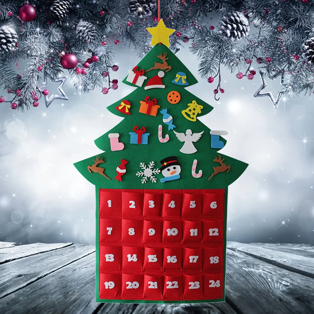 Felt Christmas Advent Calendar แขวนต้นคริสต์มาสปฏิทินนับถอยหลังเทศกาล DIY ตกแต่งสําหรับเด็ก (สีเขียวเข้ม)