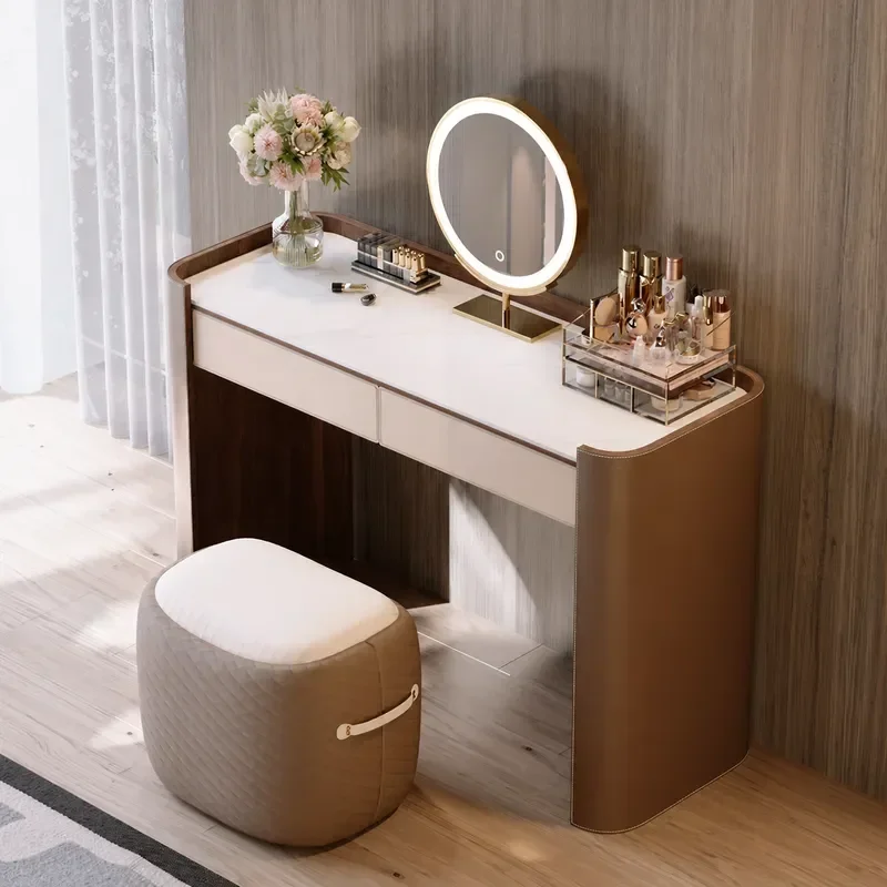 2026 New Modern Simple Bedroom Dresser with Makeup Mirror Saddle Leather High End Small Solid Wood Vanity Table