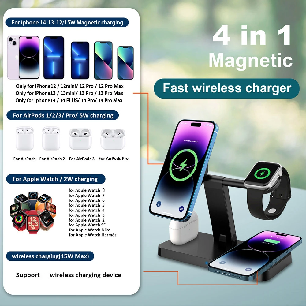 4 in 1 Magnetic Wireless Charger for iPhone 13 12 Pro Max Mini Chargers For Apple Watch 7 6 SE Airpods Pro 3 Fast Charging Stand