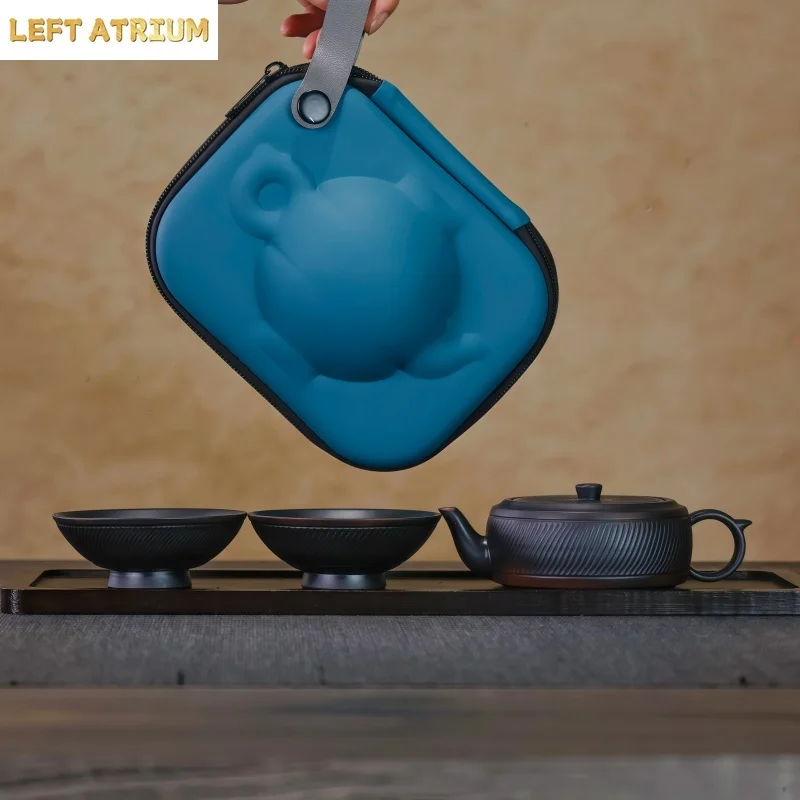 

Jianshui clay Hand carving Kung Fu tea set, one pot, two cups, handmade tea pot, tea cup, outdoor portable set