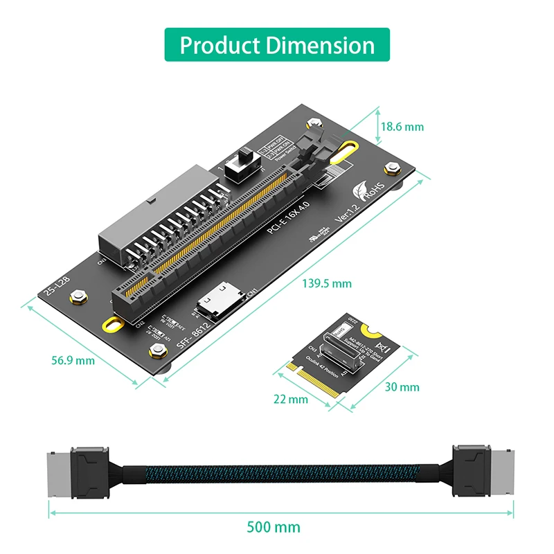 M.2 to PCIe4.0 ライザーカード、ATX 24ピン電源付き、M2 NVME 2230 to PCI Express X16、OCulink SFF-8612/8611延長ケーブル付き