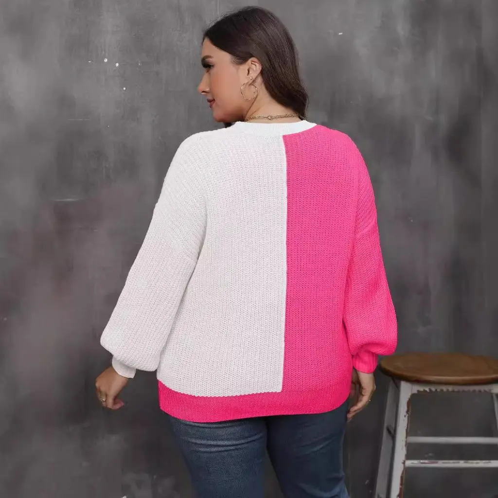 plus Size Women's Autumn Winter Jacket European American Style Pullover Woven Sweater Love Stitching Contrast Design