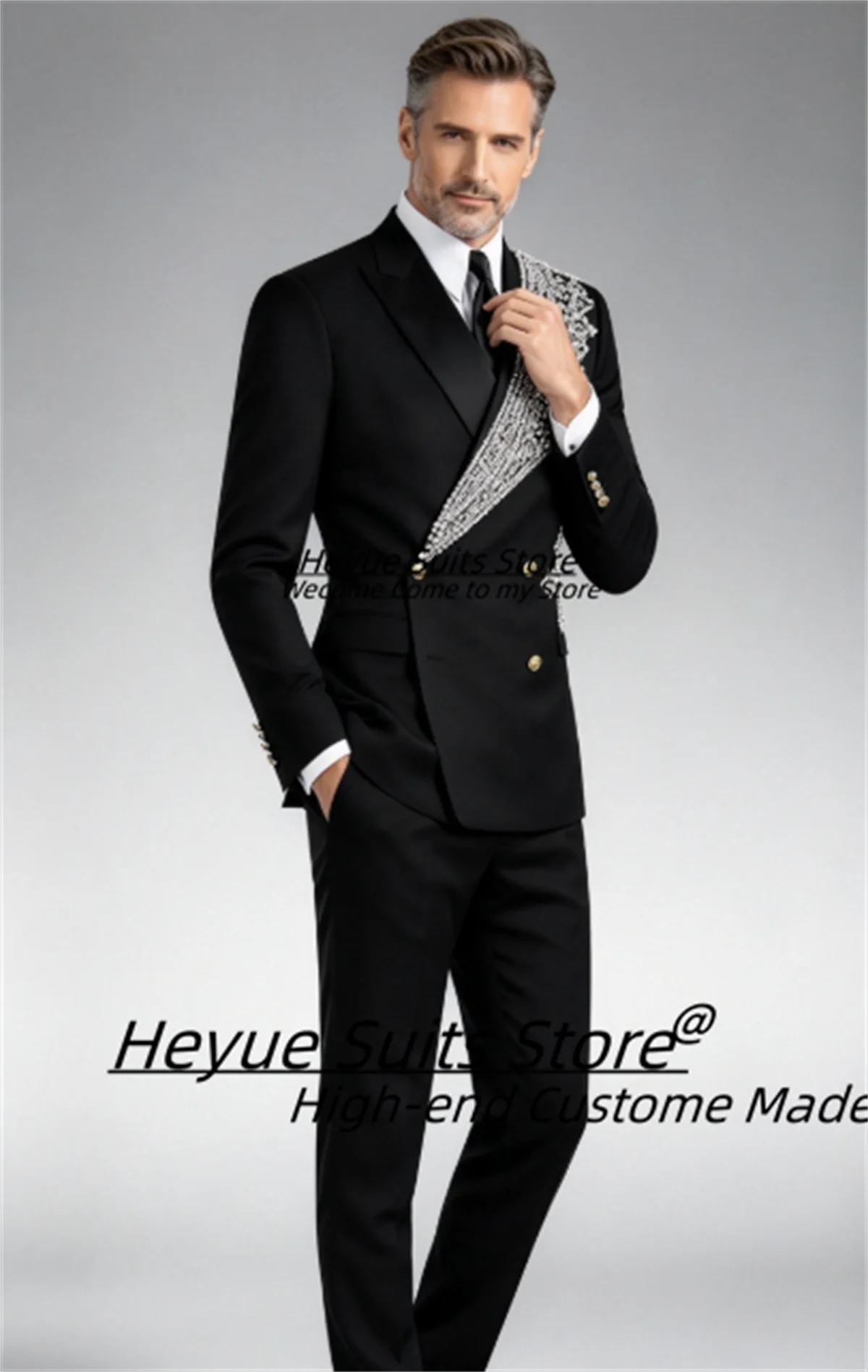 Elegant Black Double Breasted Men Suits Customized Silver Rhinestone Embroidery Groom Wedding Tuxedos 2 Pieces Sets Ropa Hombre