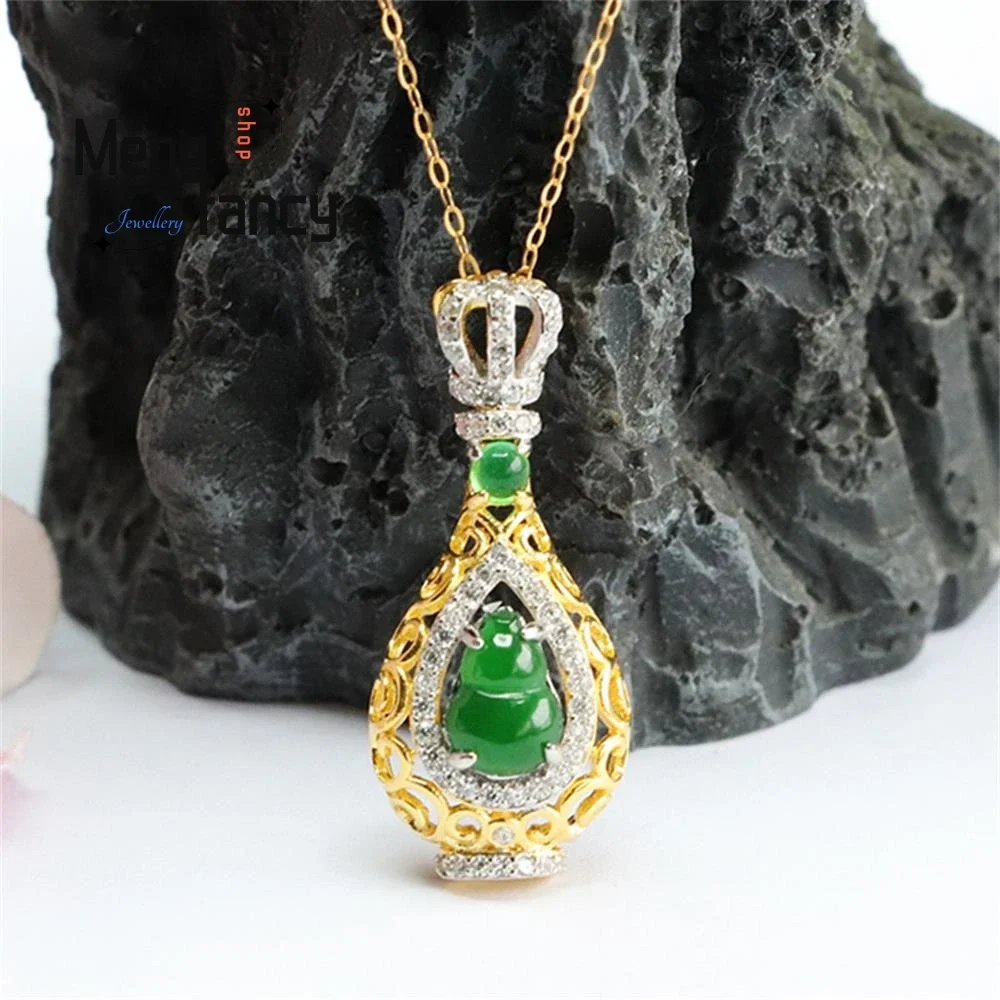 

S925 Silver Inlaid Natural Jadeite Gourd Ice Type Imperial Green Pendant Exquisite Elegant High-grade Luxury Fashion Jewelry