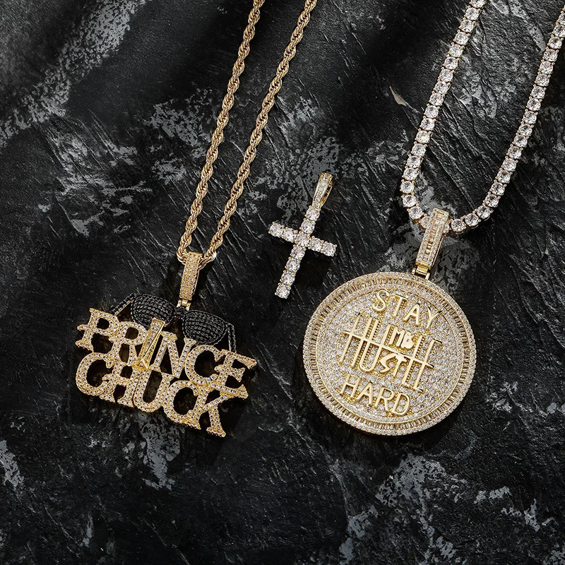 Hip Hop Bing Iced Out Cross PRINCE CHUCK Sunglasses Summer Beach 3 Pendants Set Pendants Necklace for Men Rapper Jewelry Gift