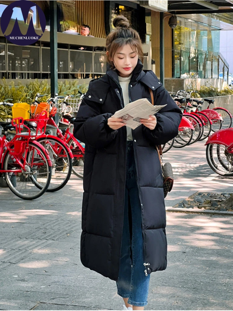 

Women's Down Jacket Winter New Korean Fashion Long Sleeve Hooded Long Parkas Casual Loose Thickening Warm Below The Knee Coats