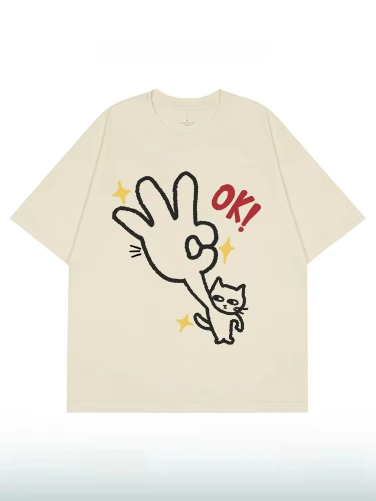 Fake OK Cat American-style Hand-painted Graffiti Round-neck Short-sleeved Casual and Relaxed Loose-f T Shirt